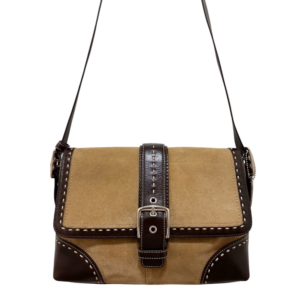 Coach Soho Buckle Suede Flap Bag Tan Brown Leather Y2K F12615